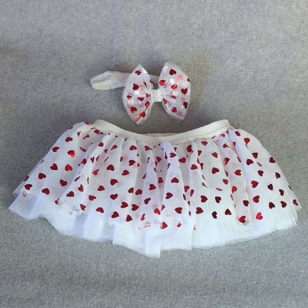 Baby Essentials White Tutu Skirt Red Hearts With Matching Bow Headband Baby 6M